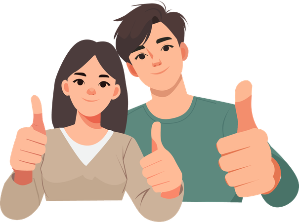 O casal faz sinal de positivo e sorri com expressões amigáveis  Ilustração