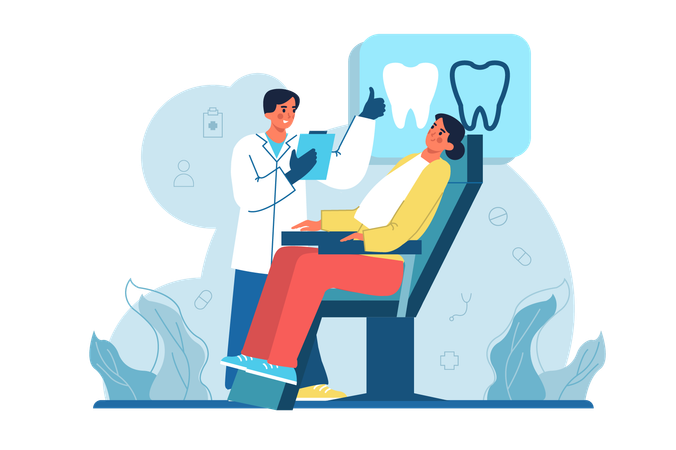 O dentista verifica a condição dos dentes do paciente após o tratamento  Ilustração