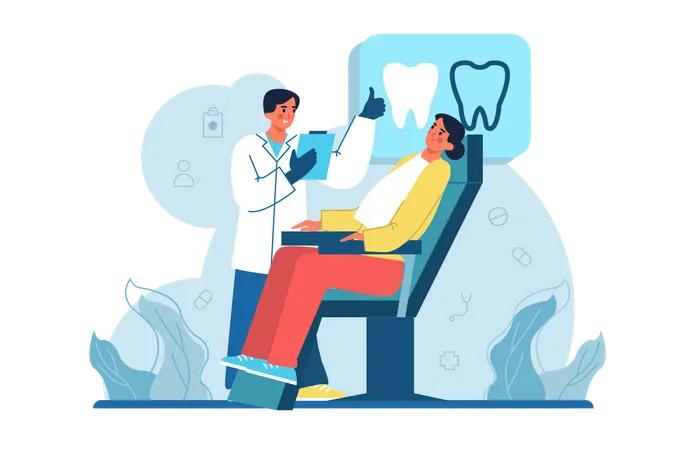 O dentista verifica a condição dos dentes do paciente após o tratamento  Ilustração