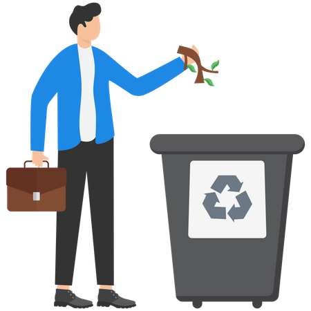 O funcionário jogando lixo orgânico no lixo  Ilustração