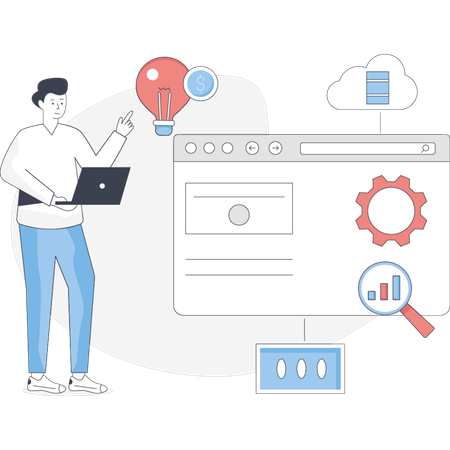 O homem está apontando para o software BI  Ilustração