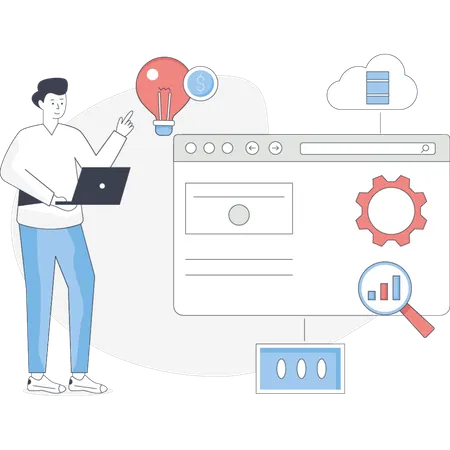 O homem está apontando para o software BI  Ilustração