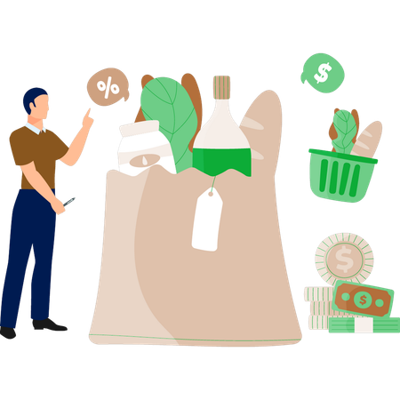 O homem está apontando para uma sacola de compras  Ilustração