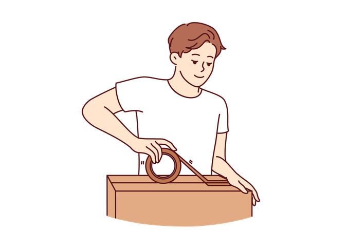 O homem está embalando a caixa corretamente  Ilustração