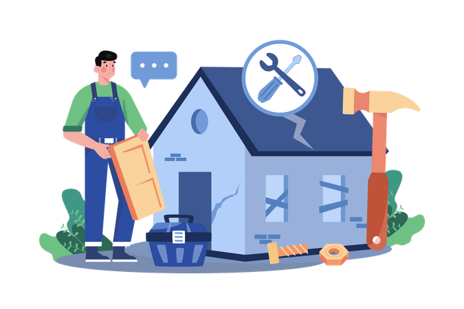 O homem reparou a velha casa para alugar  Ilustração