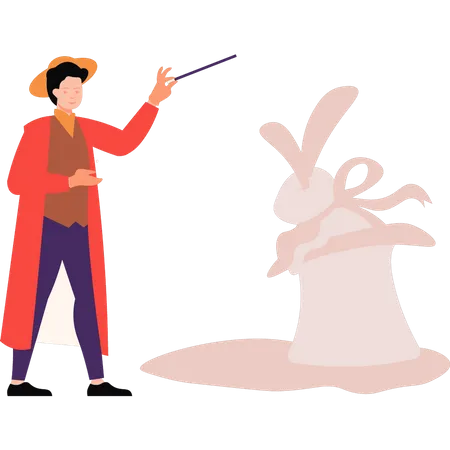 O mágico está fazendo o truque do chapéu do coelho  Ilustração