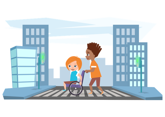 O menino ajudando a menina em cadeira de rodas a atravessar a rua.  Ilustração