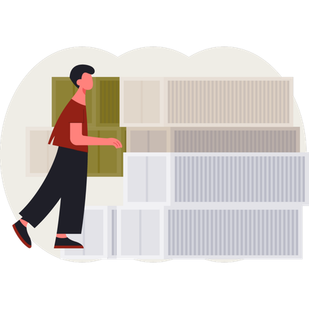 O menino está caminhando perto do contêiner  Ilustração
