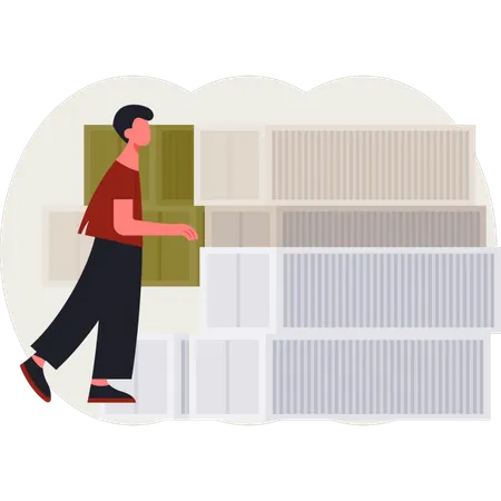 O menino está caminhando perto do contêiner  Ilustração