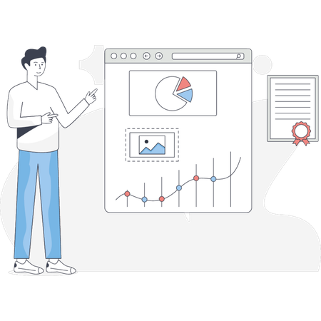 O menino está apontando o gráfico analítico da web  Ilustração