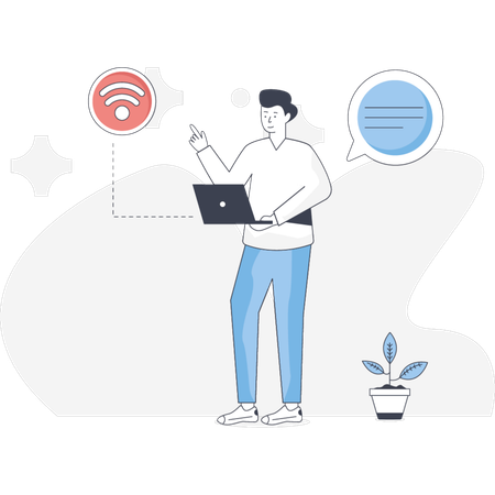 O menino está apontando o sinal WIFI  Ilustração