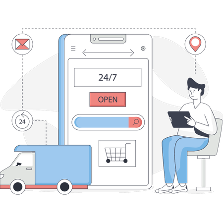 O menino está apontando serviços de entrega 24 horas  Ilustração