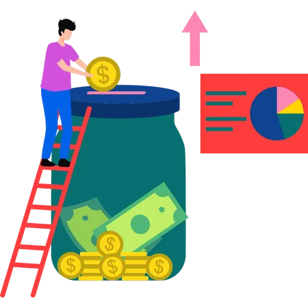 O menino está economizando dinheiro em uma jarra  Ilustração