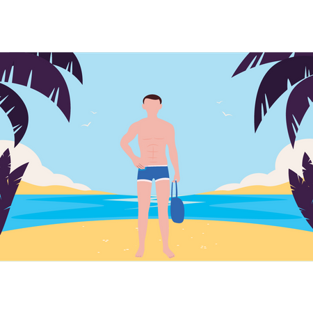 O menino está na praia de férias  Ilustração