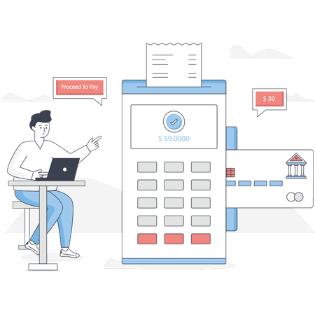 O menino está pagando a conta on-line  Ilustração