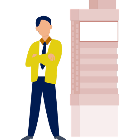 O menino está parado perto de um prédio imobiliário  Ilustração