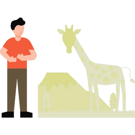 O menino está parado perto da girafa  Ilustração