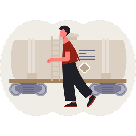 O menino está parado perto do tanque de óleo  Ilustração