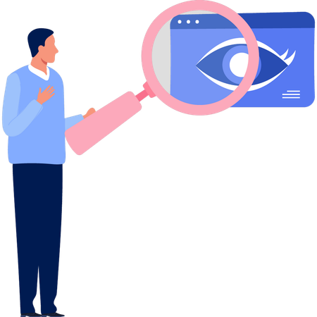 O menino está procurando uma lente ocular na página da web  Ilustração