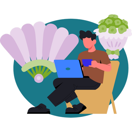 O menino está segurando café e trabalhando no laptop  Ilustração