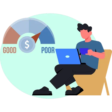 O menino está segurando uma xícara e trabalhando no laptop  Ilustração
