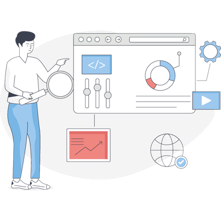 O menino fazendo pesquisa sobre especialista em SEO  Ilustração