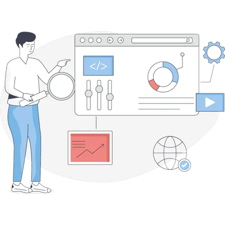 O menino fazendo pesquisa sobre especialista em SEO  Ilustração