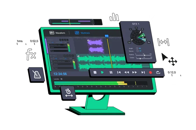O programa Editor de áudio é exibido no computador  Ilustração