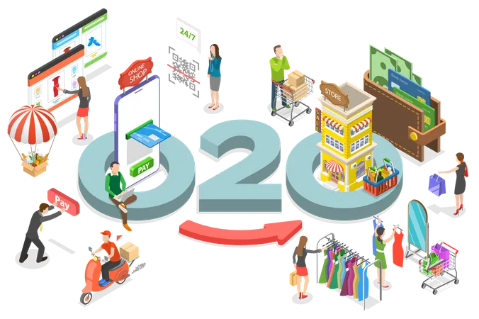 3 D Isometric Flat Vector Conceptual Illustration Of O 2 O Commerce Online To Offline Business Strategy Illustration
