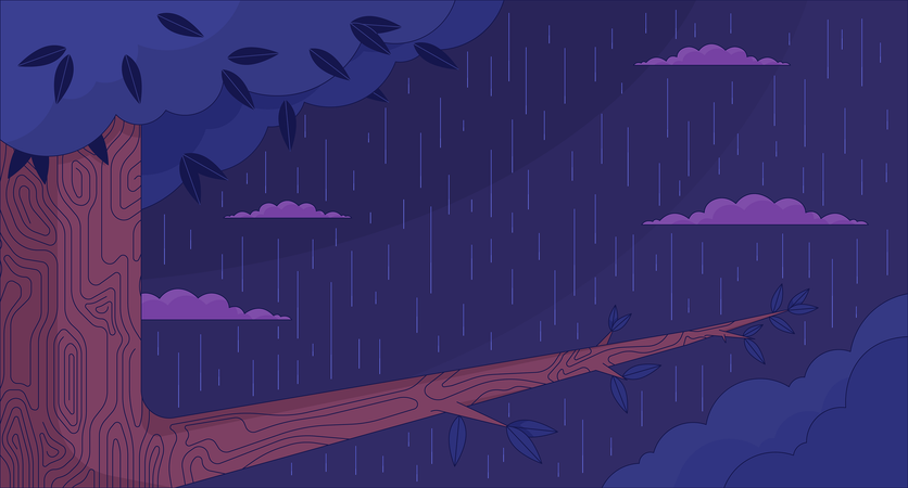 Oak tree branch on rain forest night  Illustration