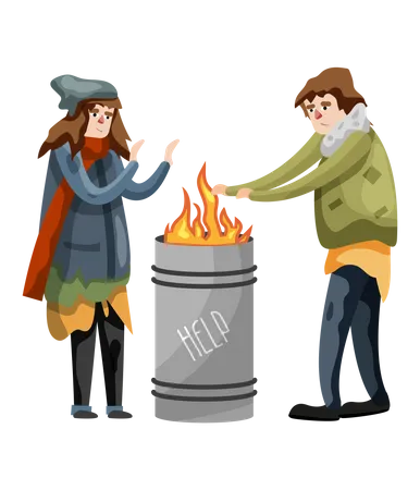 Obdachlose Männer und Frauen schütteln im Winter am Feuer die Hände  Illustration