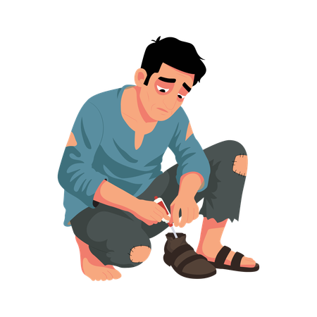 Obdachloser trauriger Junge repariert Schuh  Illustration
