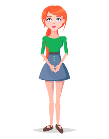 Obedient Woman With Docile Posture Isolated On White Amenable Redhead Girl Avatar Userpic In Flat Style Design Vector Illustration Of Biddable Human In Green Blouse And Skirt With Hands Together Illustration