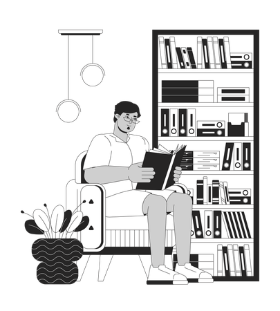 Obese arab man reading book at home  Illustration