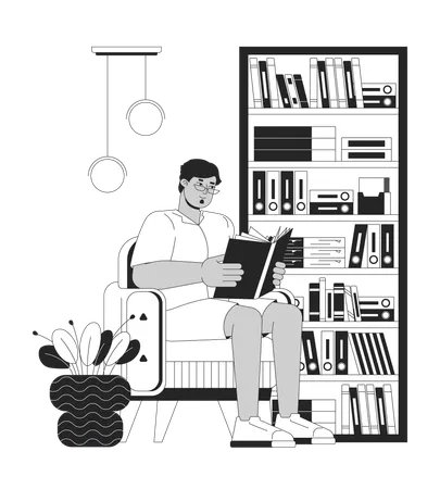 Obese Arab Man Reading Book Black And White Cartoon Flat Illustration Plus Sized Middle Eastern Male In Library 2 D Lineart Character Isolated Body Positive Monochrome Scene Vector Outline Image Illustration