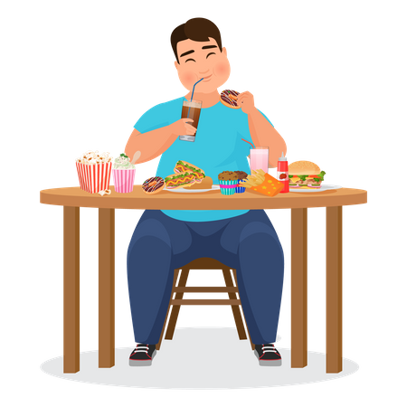 Obese boy eating fast food  Illustration