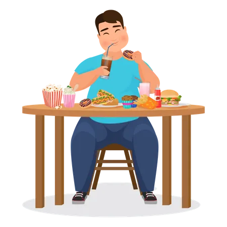 Obese boy eating fast food  Illustration