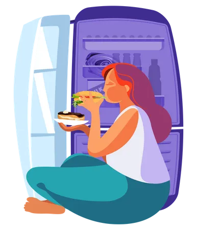 Obese girl eating food during midnight Illustration