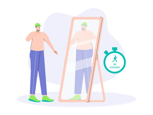 Obese man feeling sad while looking at mirror  Illustration