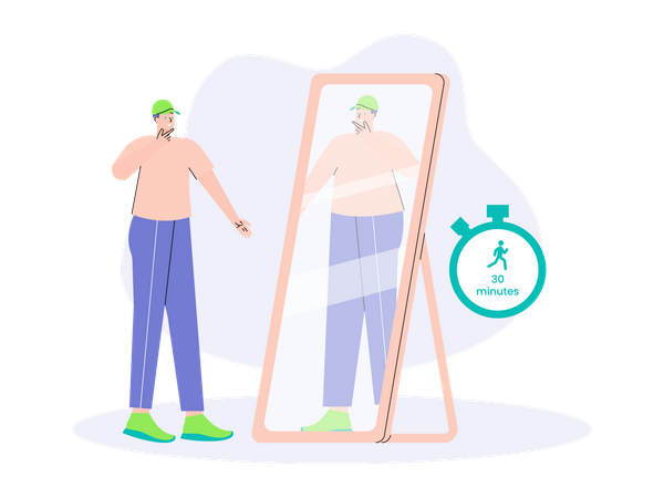 Obese man feeling sad while looking at mirror  Illustration