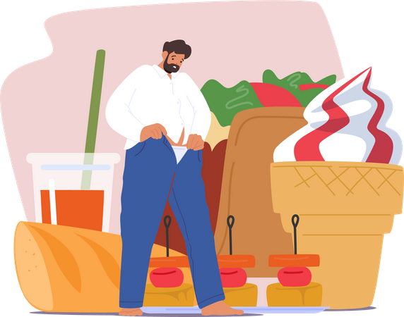 Obese Man Struggles To Zip Up Undersized Pants Due  Illustration