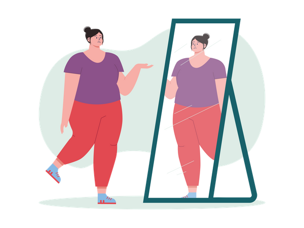 Obese woman feeling sad while looking at mirror  Illustration