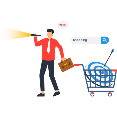 Objetivo empresarial: Empresario con un telescopio, carrito de compras y barra de búsqueda de objetivos  Ilustración
