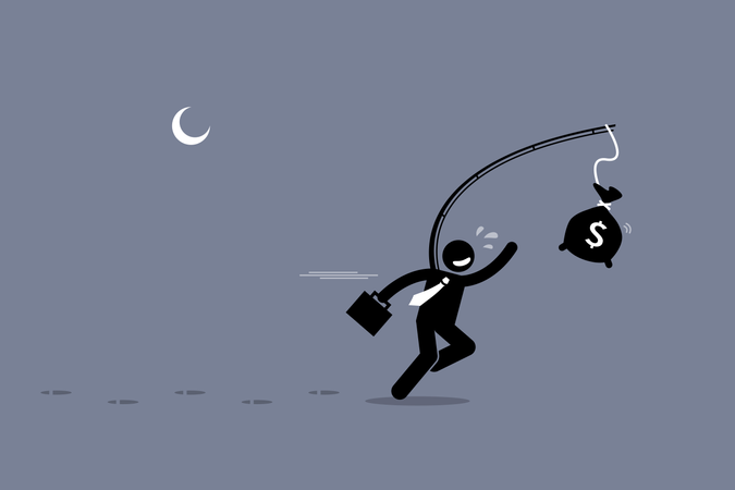 Oblivious man chasing a bag of money  Illustration