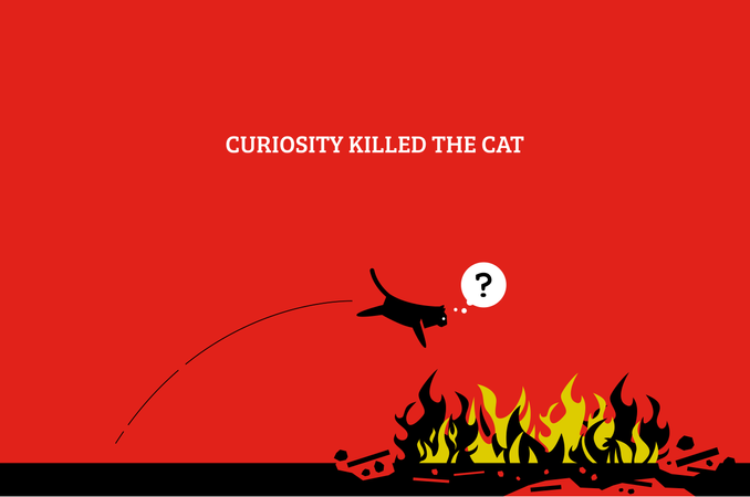 Ilustraciones vectoriales que muestran a un gato saltando al fuego y suicidándose porque tiene curiosidad y quiere saber qué es el fuego.  Ilustración