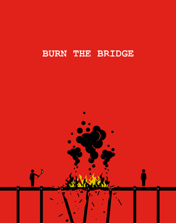Obra de arte vectorial que representa a una persona quemando un puente con fuego para que la otra persona ya no pueda cruzarse  Ilustración