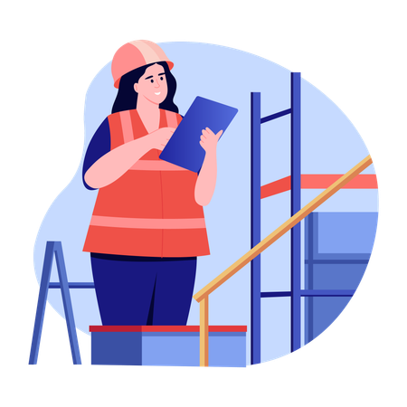 Un trabajador de la construcción construye el muro de una casa.  Ilustración