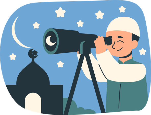 Observación del cielo nocturno con telescopio  Ilustración