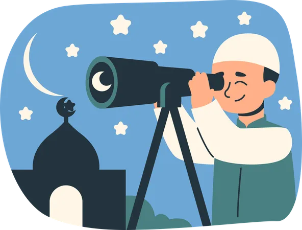 Observación del cielo nocturno con telescopio  Ilustración