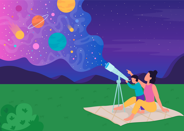 Ciel d'observation des étoiles en famille avec télescope  Illustration